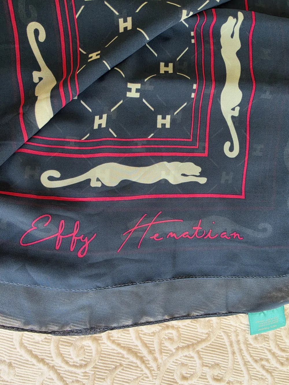 Effy Navy Blue Scarf with Pink Trim and White Motif